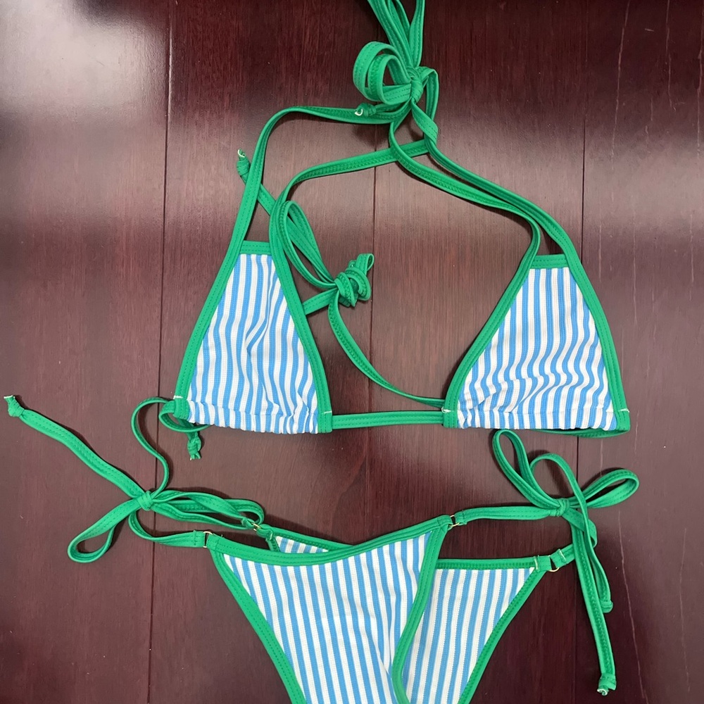 Green and Blue Striped Bikini Set